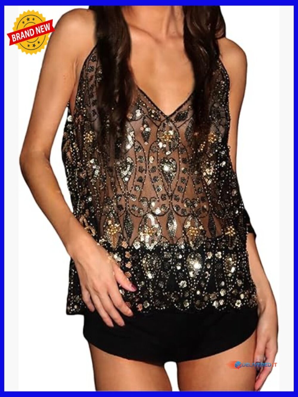 Sequin Halter Crop Top Y2K Sleeveless Mesh Embroidered Beaded V-Neck Sparkly